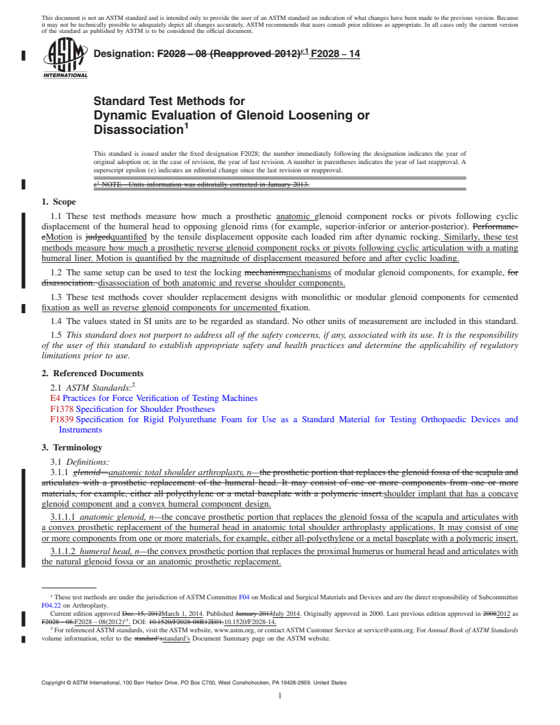 REDLINE ASTM F2028-14 - Standard Test Methods for Dynamic Evaluation of Glenoid Loosening or Disassociation