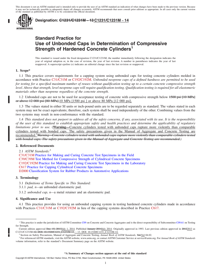 REDLINE ASTM C1231/C1231M-14 - Standard Practice for  Use of Unbonded Caps in Determination of Compressive Strength  of Hardened Concrete Cylinders