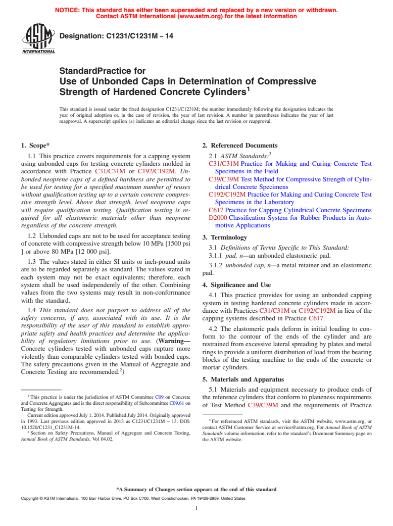 ASTM C1231/C1231M-14 - Standard Practice for  Use of Unbonded Caps in Determination of Compressive Strength  of Hardened Concrete Cylinders