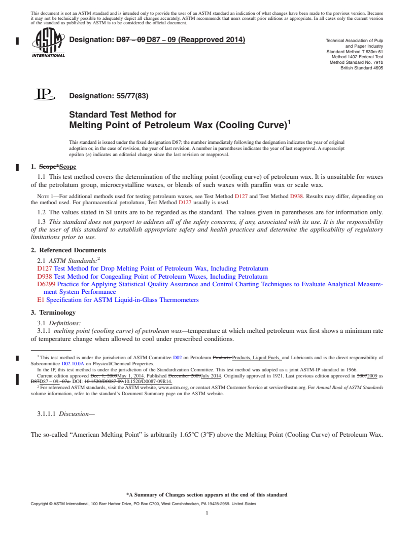 REDLINE ASTM D87-09(2014) - Standard Test Method for  Melting Point of Petroleum Wax &#40;Cooling Curve&#41;