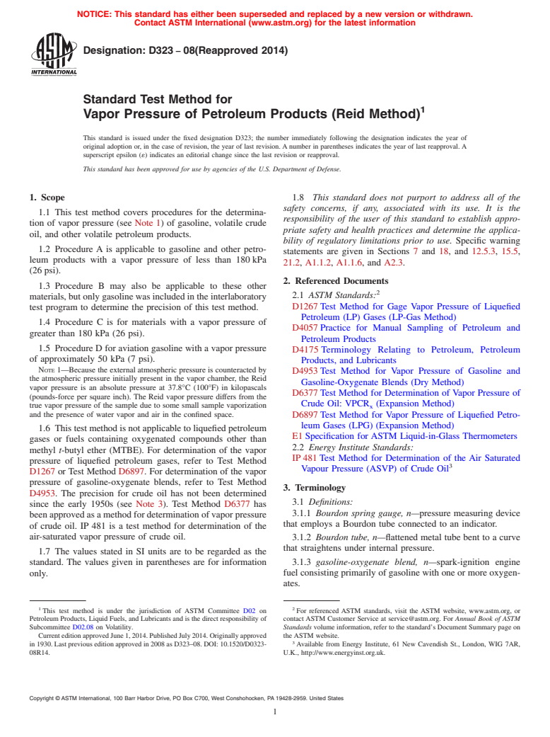 ASTM D323-08(2014) - Standard Test Method for Vapor Pressure of ...