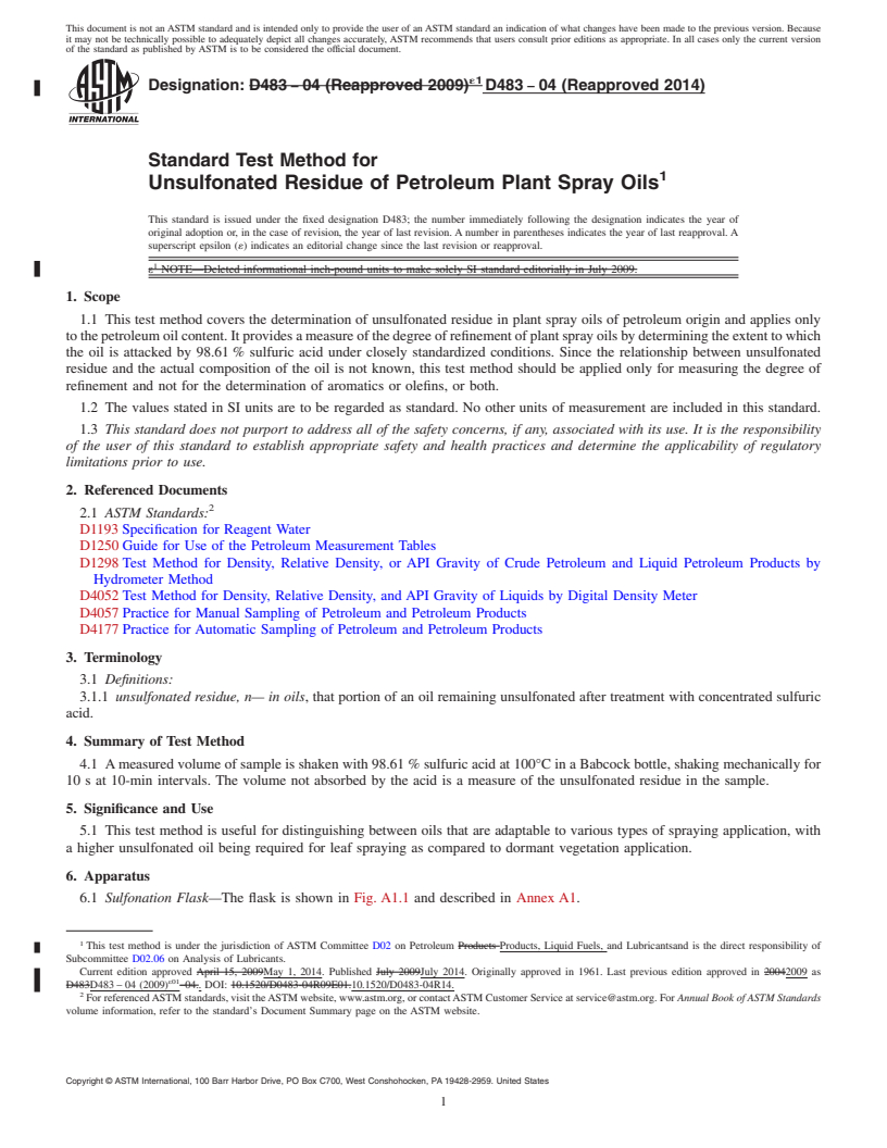 REDLINE ASTM D483-04(2014) - Standard Test Method for  Unsulfonated Residue of Petroleum Plant Spray Oils