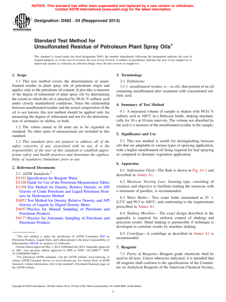 ASTM D483-04(2014) - Standard Test Method for  Unsulfonated Residue of Petroleum Plant Spray Oils