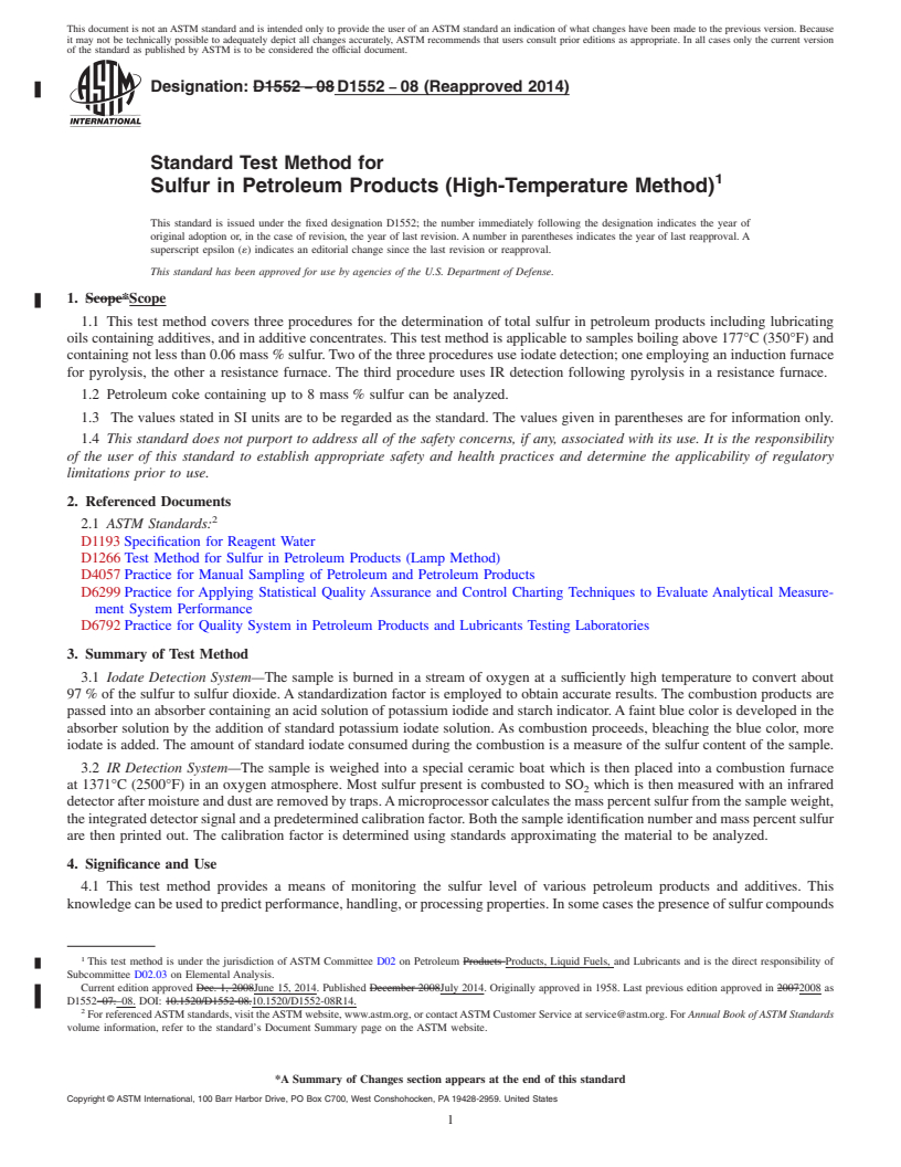 REDLINE ASTM D1552-08(2014) - Standard Test Method for  Sulfur in Petroleum Products &#40;High-Temperature Method&#41;