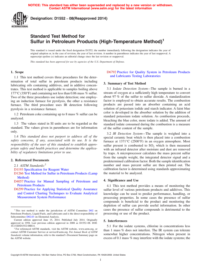 ASTM D1552-08(2014) - Standard Test Method for  Sulfur in Petroleum Products &#40;High-Temperature Method&#41;