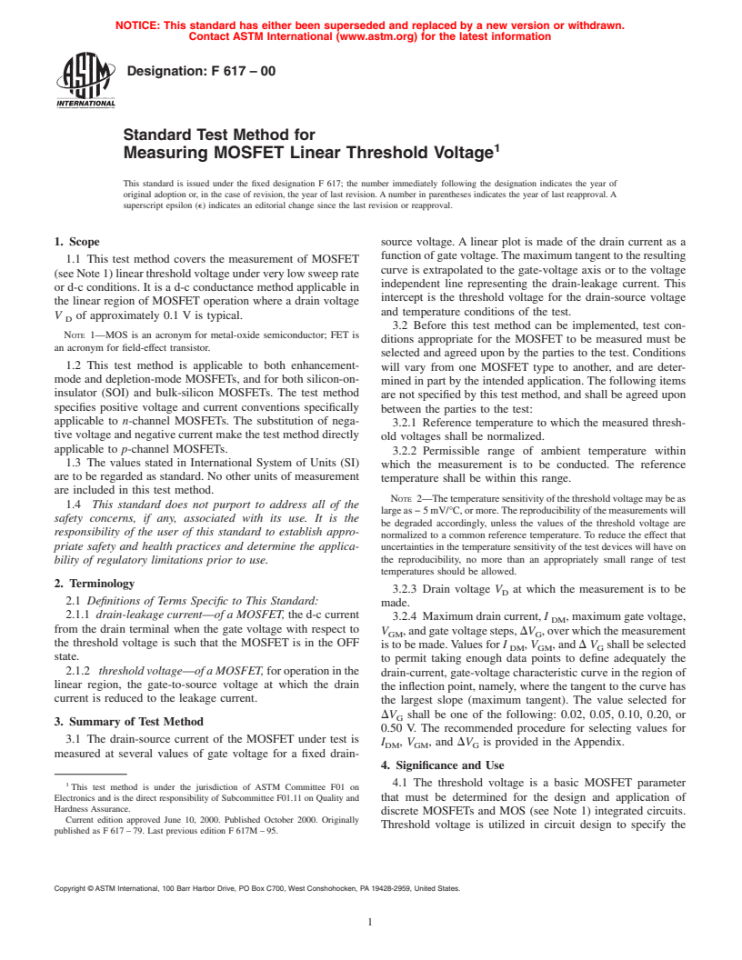 ASTM F617-00 - Standard Test Method for Measuring MOSFET Linear Threshold Voltage (Withdrawn 2006)