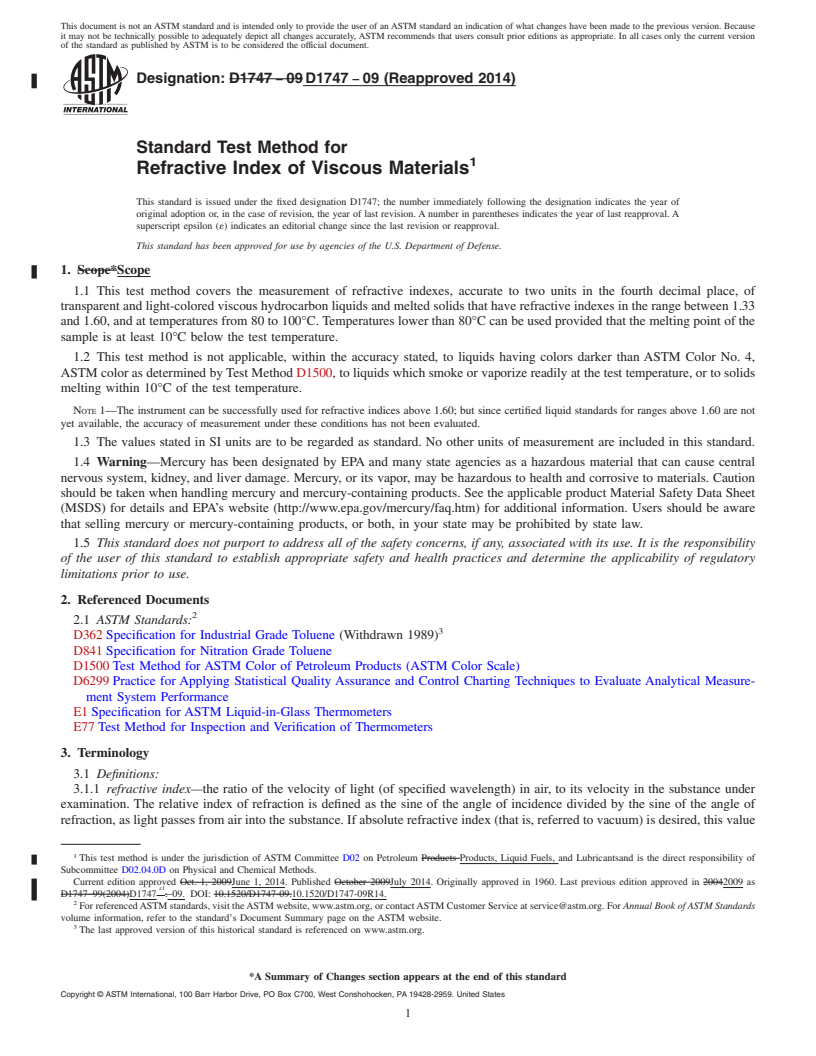 REDLINE ASTM D1747-09(2014) - Standard Test Method for  Refractive Index of Viscous Materials