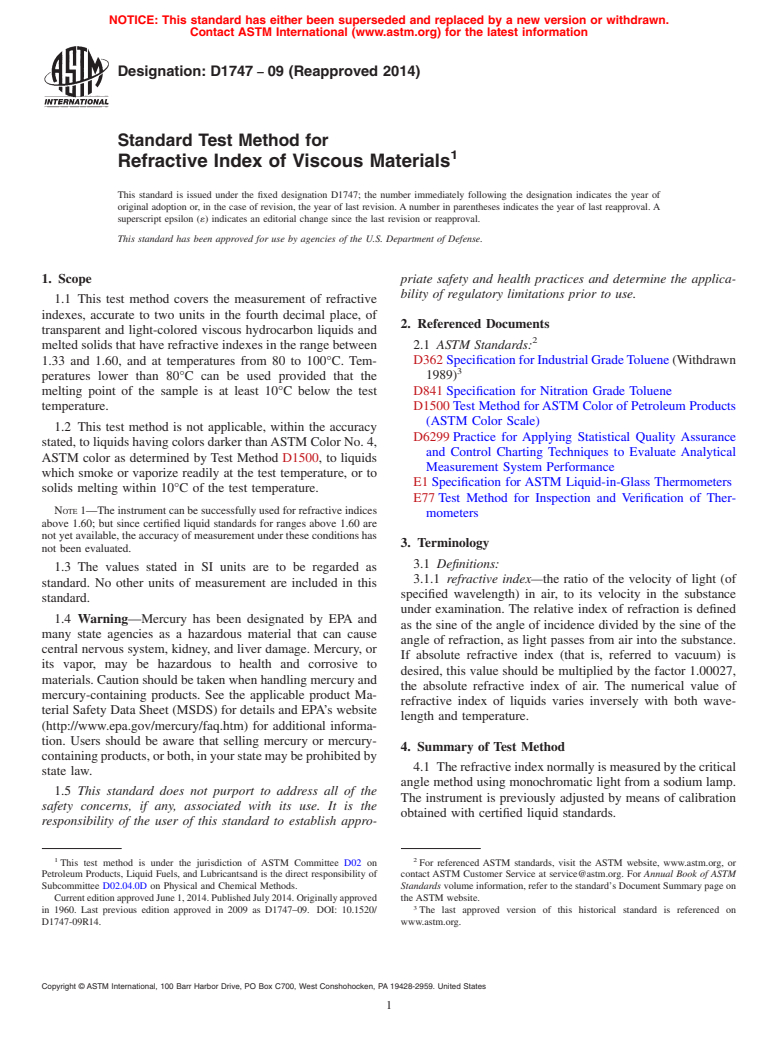 ASTM D1747-09(2014) - Standard Test Method for  Refractive Index of Viscous Materials