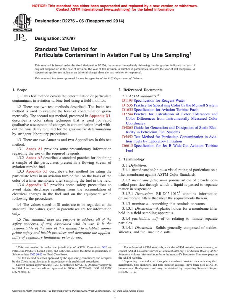 ASTM D2276-06(2014) - Standard Test Method for  Particulate Contaminant in Aviation Fuel by Line Sampling