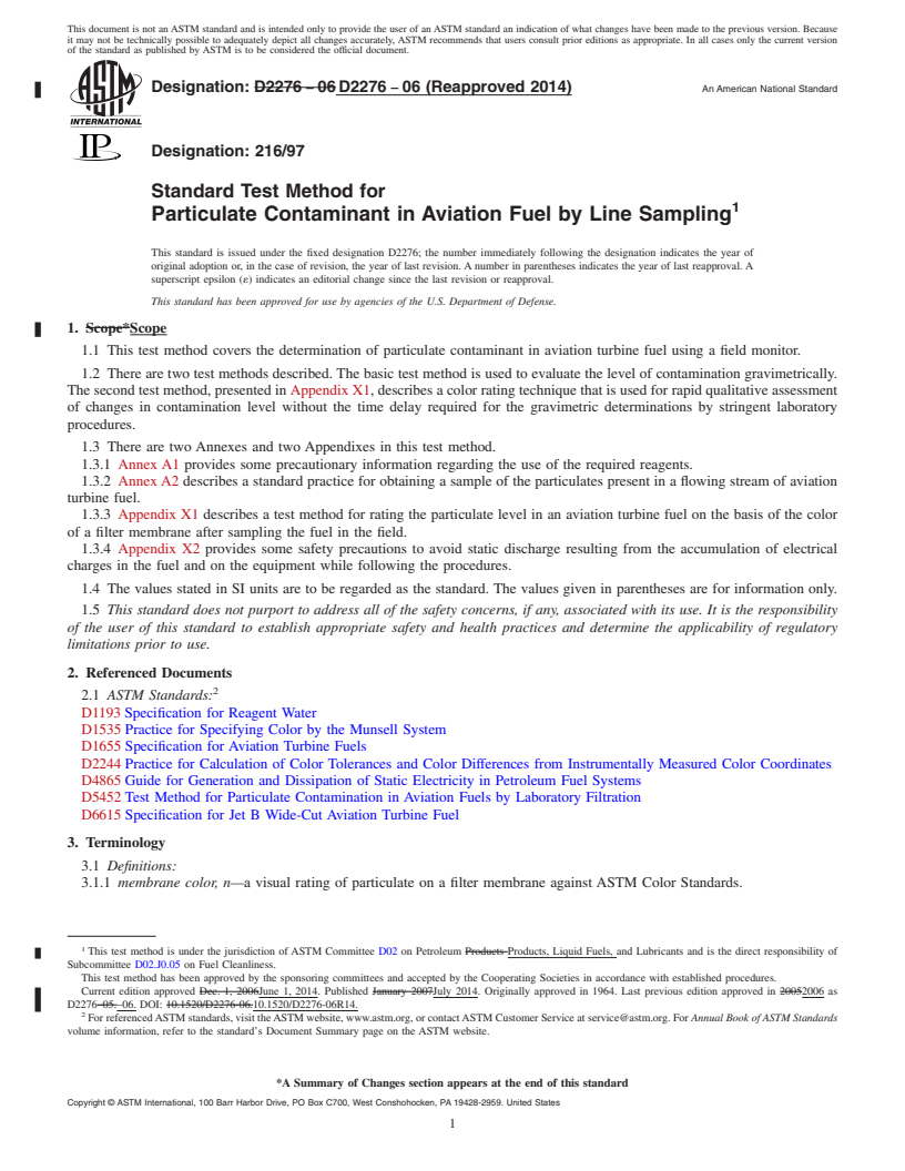 REDLINE ASTM D2276-06(2014) - Standard Test Method for  Particulate Contaminant in Aviation Fuel by Line Sampling