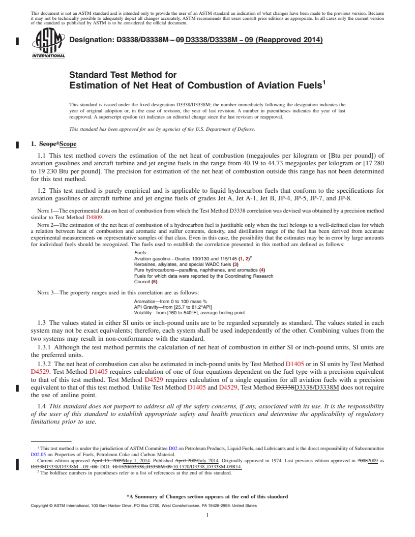 REDLINE ASTM D3338/D3338M-09(2014) - Standard Test Method for  Estimation of Net Heat of Combustion of Aviation Fuels