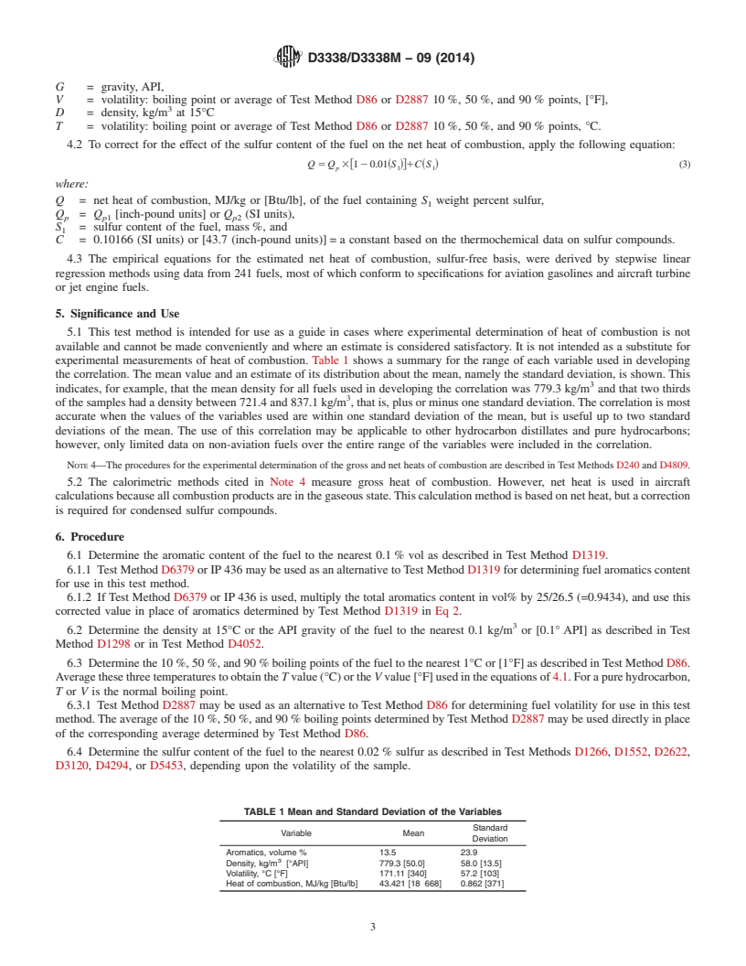 REDLINE ASTM D3338/D3338M-09(2014) - Standard Test Method for  Estimation of Net Heat of Combustion of Aviation Fuels