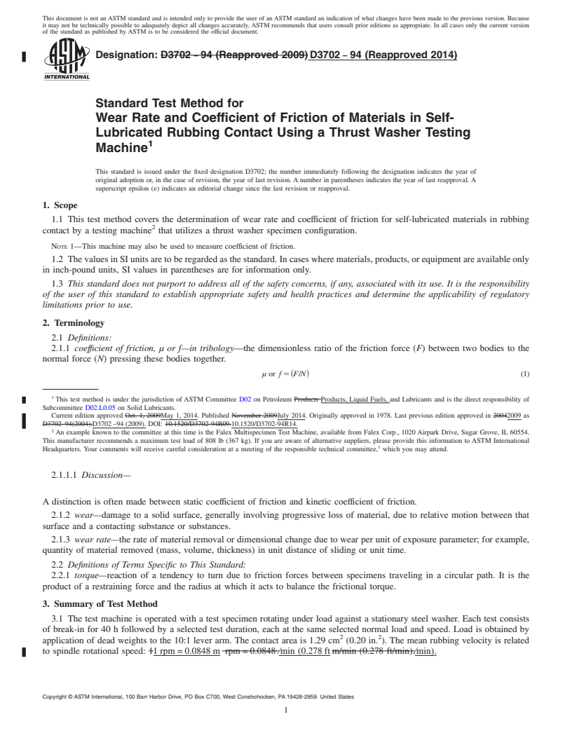 REDLINE ASTM D3702-94(2014) - Standard Test Method for  Wear Rate and Coefficient of Friction of Materials in Self-Lubricated  Rubbing Contact Using a Thrust Washer Testing Machine