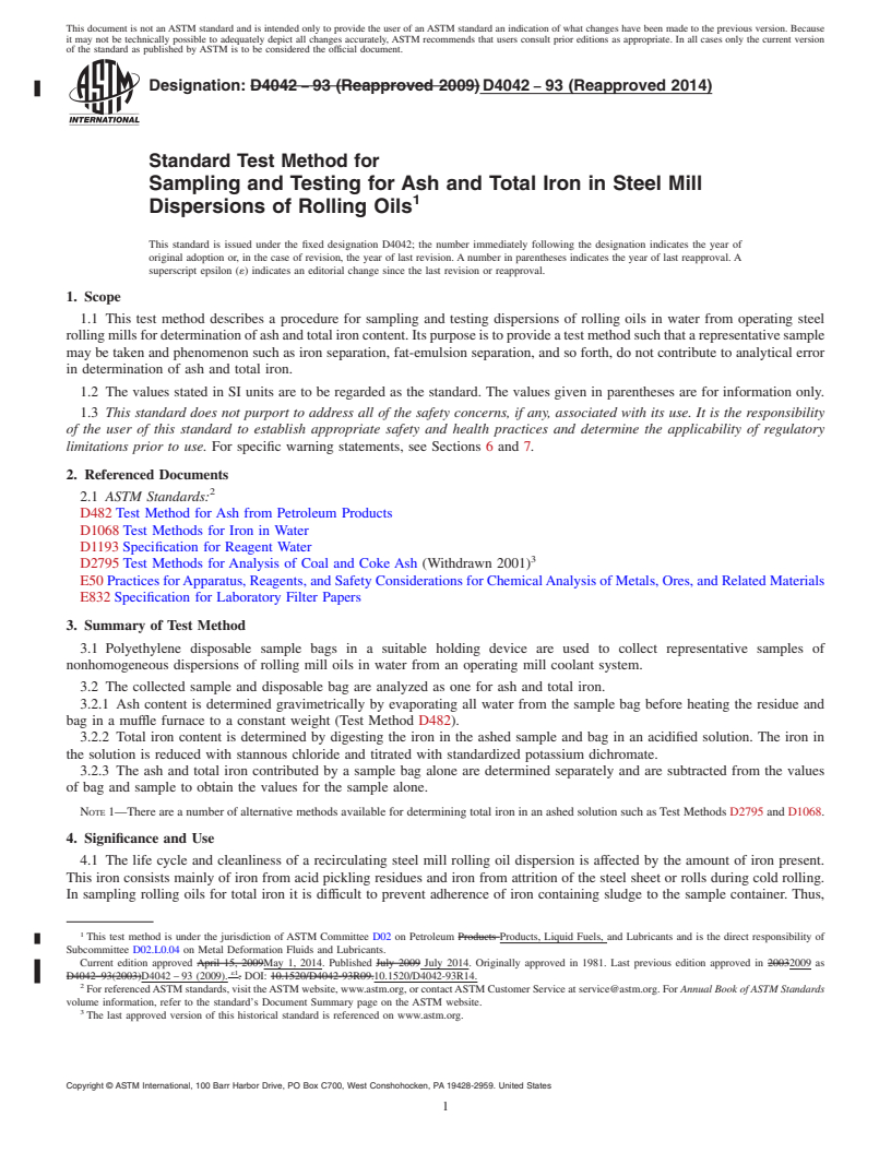 REDLINE ASTM D4042-93(2014) - Standard Test Method for  Sampling and Testing for Ash and Total Iron in Steel Mill Dispersions   of Rolling Oils