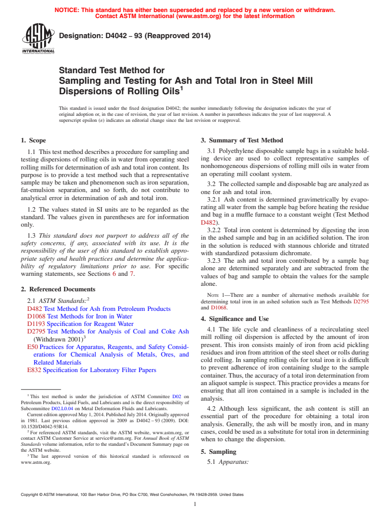 ASTM D4042-93(2014) - Standard Test Method for  Sampling and Testing for Ash and Total Iron in Steel Mill Dispersions   of Rolling Oils