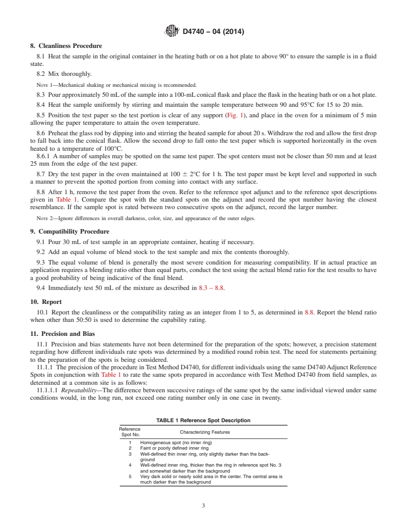 REDLINE ASTM D4740-04(2014) - Standard Test Method for  Cleanliness and Compatibility of Residual Fuels by Spot Test