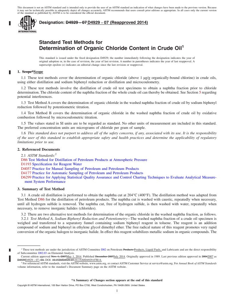 REDLINE ASTM D4929-07(2014) - Standard Test Methods for  Determination of Organic Chloride Content in Crude Oil