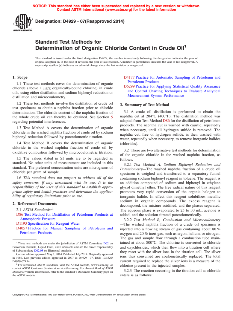 ASTM D4929-07(2014) - Standard Test Methods for  Determination of Organic Chloride Content in Crude Oil