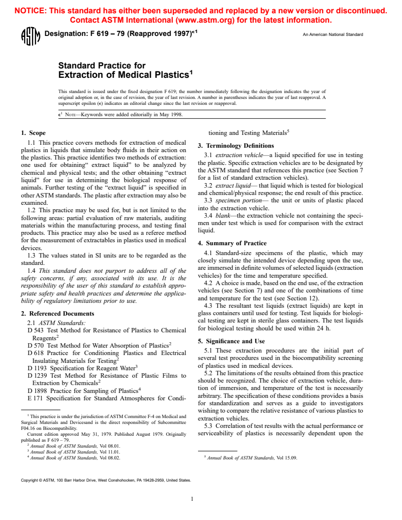 ASTM F619-79(1997)e1 - Standard Practice for Extraction of Medical Plastics