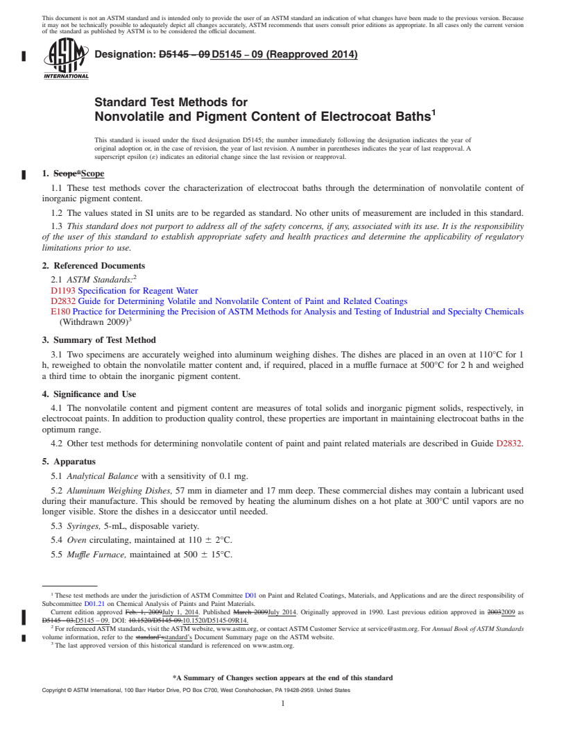 REDLINE ASTM D5145-09(2014) - Standard Test Methods for Nonvolatile and Pigment Content of Electrocoat Baths