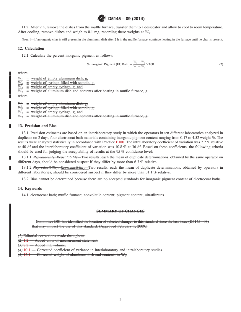 REDLINE ASTM D5145-09(2014) - Standard Test Methods for Nonvolatile and Pigment Content of Electrocoat Baths