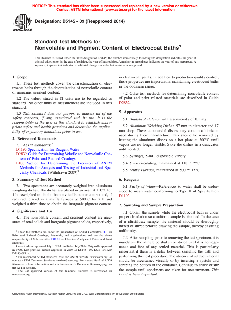 ASTM D5145-09(2014) - Standard Test Methods for Nonvolatile and Pigment Content of Electrocoat Baths