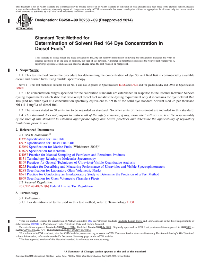 REDLINE ASTM D6258-09(2014) - Standard Test Method for  Determination of Solvent Red 164 Dye Concentration in Diesel  Fuels