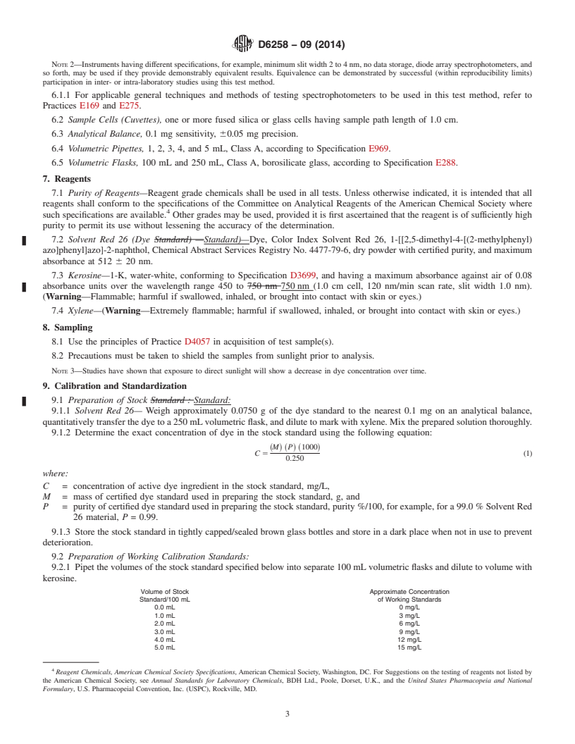 REDLINE ASTM D6258-09(2014) - Standard Test Method for  Determination of Solvent Red 164 Dye Concentration in Diesel  Fuels