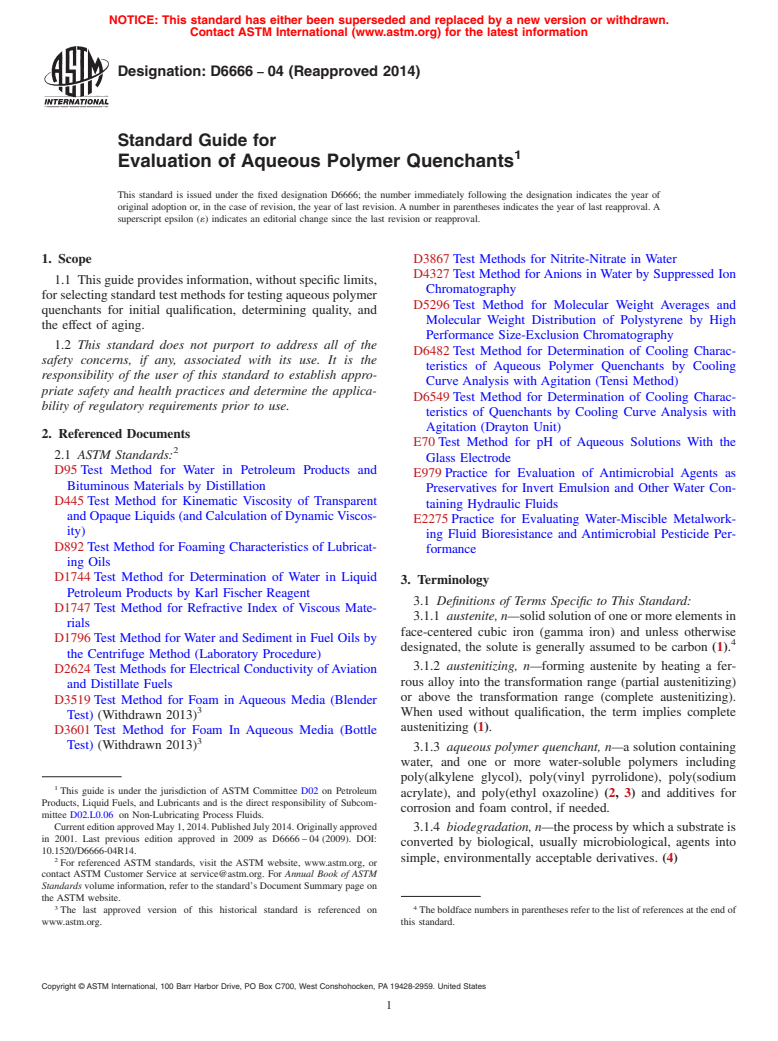 ASTM D6666-04(2014) - Standard Guide for  Evaluation of Aqueous Polymer Quenchants