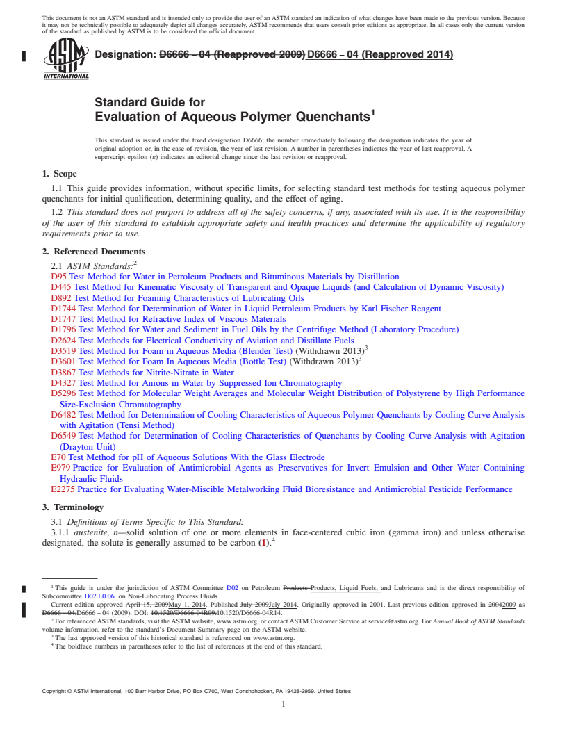 REDLINE ASTM D6666-04(2014) - Standard Guide for  Evaluation of Aqueous Polymer Quenchants