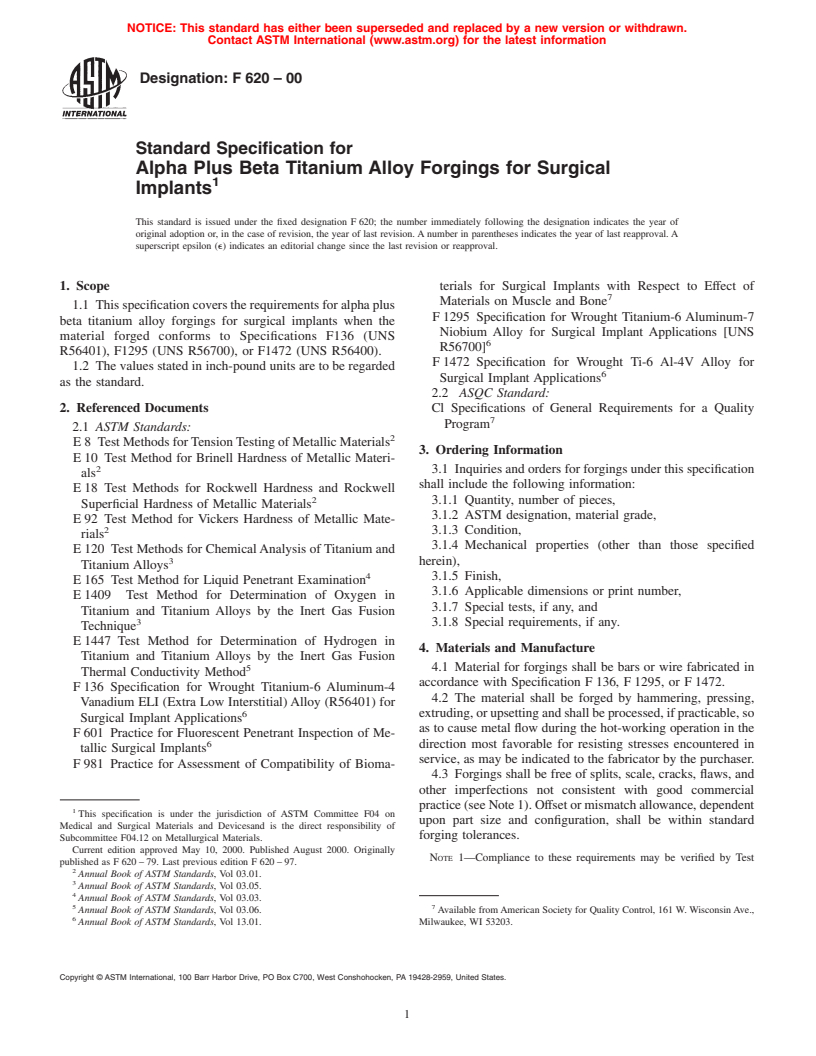 ASTM F620-00 - Standard Specification for Alpha Plus Beta Titanium Alloy Forgings for Surgical Implants