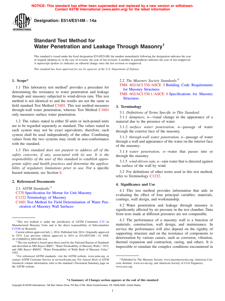 ASTM E514/E514M-14a - Standard Test Method for  Water Penetration and Leakage Through Masonry