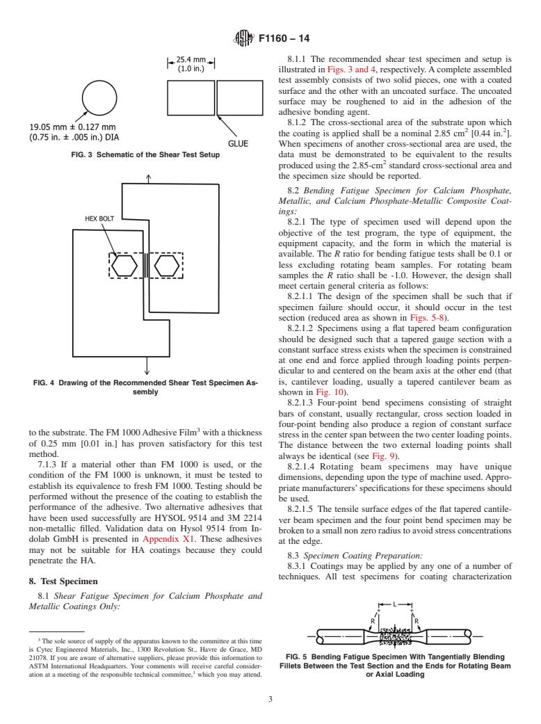 ASTM F1160-14 - Standard Test Method for Shear and Bending Fatigue Testing of Calcium Phosphate and  Metallic Medical and Composite Calcium Phosphate/Metallic Coatings