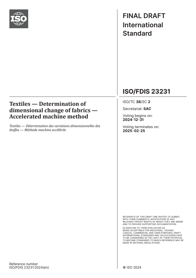 ISO/FDIS 23231 - Textiles — Determination of dimensional change of ...