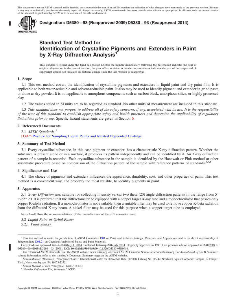 REDLINE ASTM D5380-93(2014) - Standard Test Method for Identification of Crystalline Pigments and Extenders in Paint  by X-Ray     Diffraction Analysis