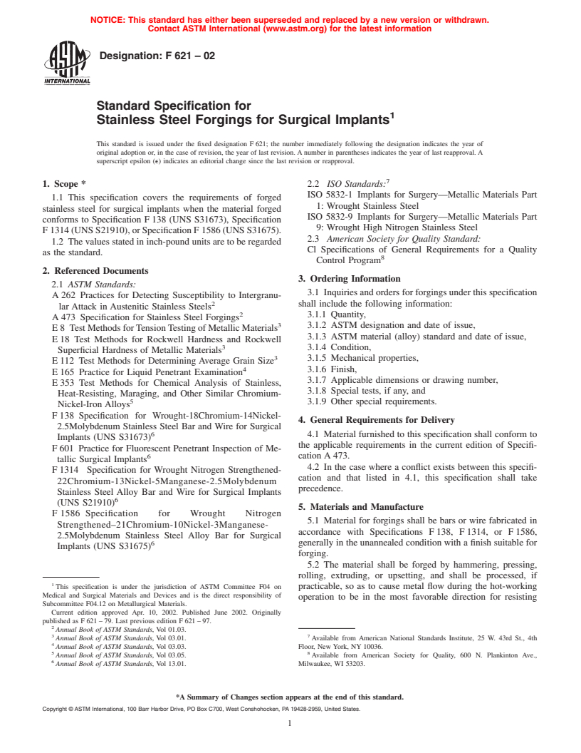 ASTM F621-02 - Standard Specification for Stainless Steel Forgings for Surgical Implants