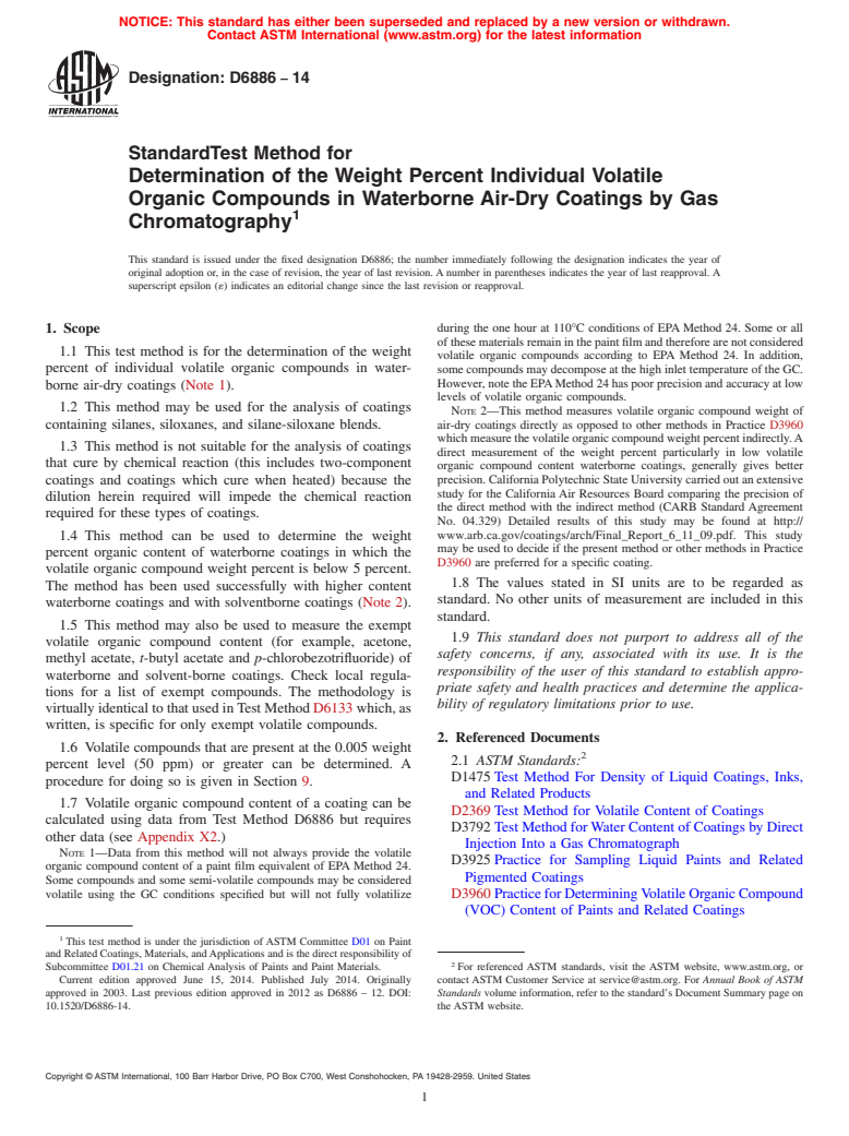 ASTM D6886-14 - Standard Test Method for Determination of the Weight Percent Individual Volatile Organic  Compounds in Waterborne Air-Dry Coatings by Gas Chromatography