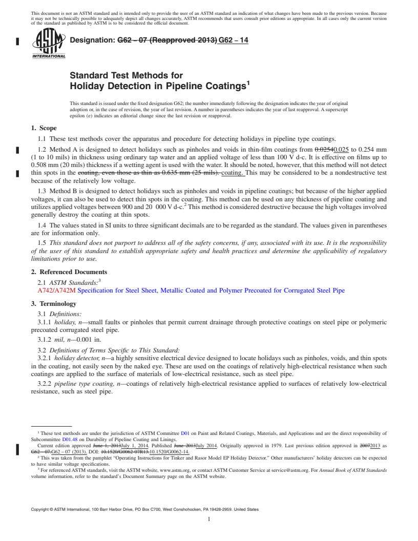 REDLINE ASTM G62-14 - Standard Test Methods for Holiday Detection in Pipeline Coatings