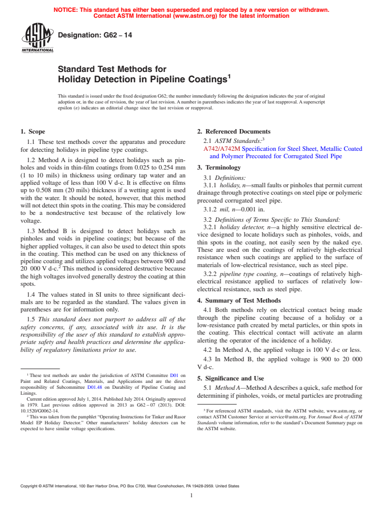 ASTM G62-14 - Standard Test Methods for Holiday Detection in Pipeline Coatings