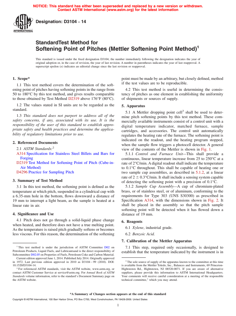 ASTM D3104-14 - Standard Test Method for  Softening Point of Pitches &#40;Mettler Softening Point Method&#41;