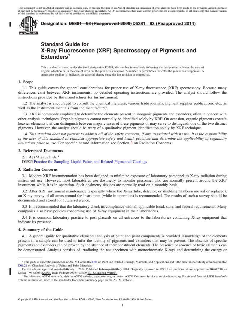 REDLINE ASTM D5381-93(2014) - Standard Guide for X-Ray Fluorescence &#40;XRF&#41; Spectroscopy of Pigments and Extenders