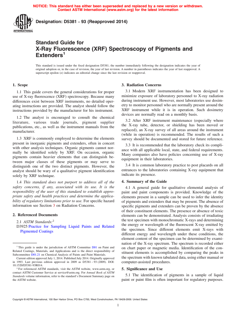 ASTM D5381-93(2014) - Standard Guide for X-Ray Fluorescence &#40;XRF&#41; Spectroscopy of Pigments and Extenders