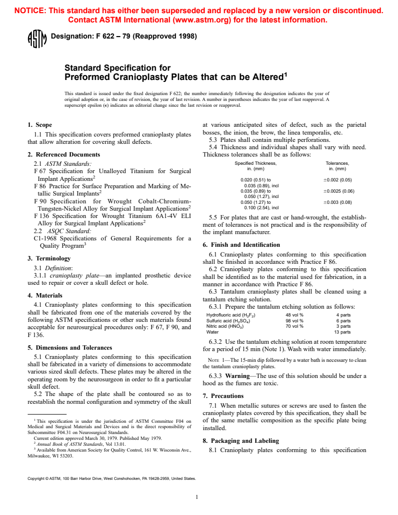 ASTM F622-79(1998) - Standard Specification for Preformed Cranioplasty Plates that can be Altered