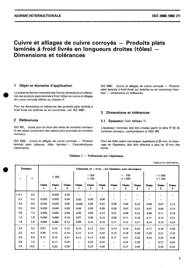 ISO 3486:1980 - Cuivre et alliages de cuivre corroyés -- Produits plats laminés a froid livrés en longueurs droites (tôles) -- Dimensions et tolérances