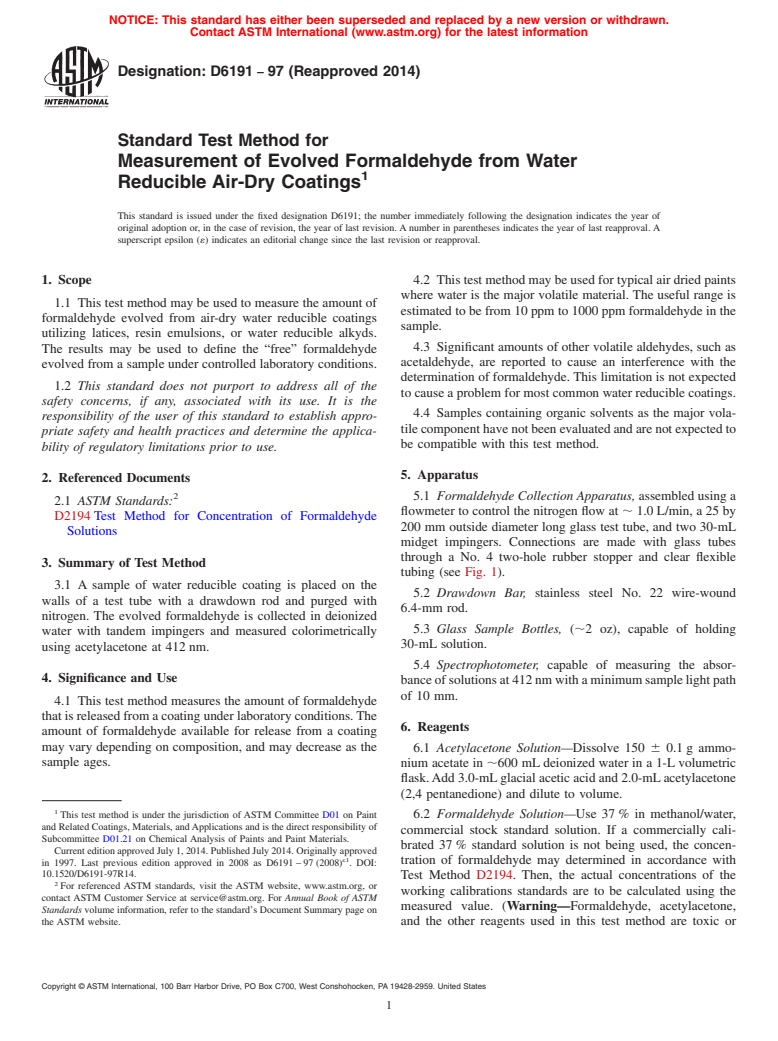 ASTM D6191-97(2014) - Standard Test Method for Measurement of Evolved Formaldehyde from Water Reducible Air-Dry  Coatings