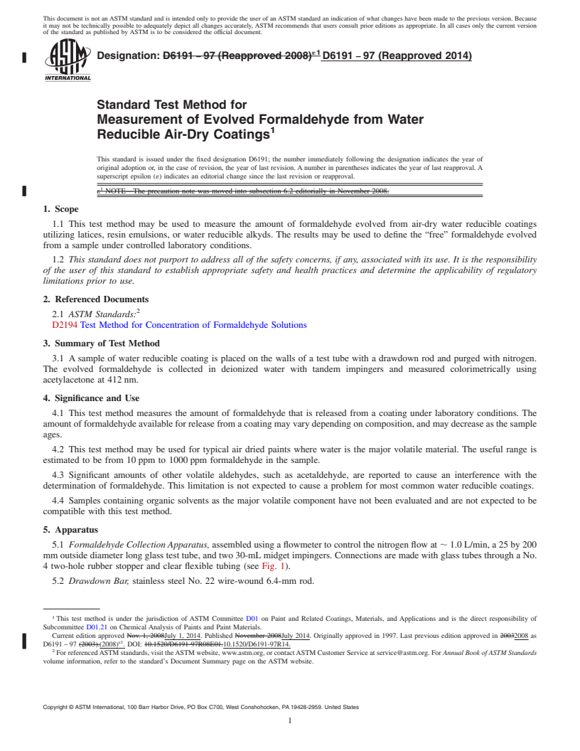 REDLINE ASTM D6191-97(2014) - Standard Test Method for Measurement of Evolved Formaldehyde from Water Reducible Air-Dry  Coatings