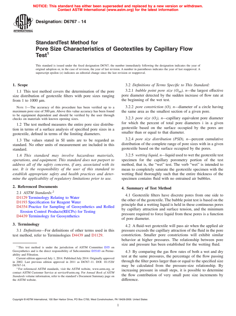 ASTM D6767-14 - Standard Test Method for Pore Size Characteristics of Geotextiles by Capillary Flow  Test