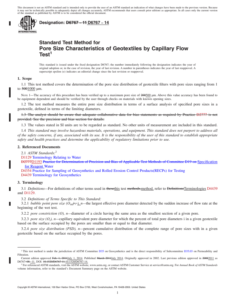 REDLINE ASTM D6767-14 - Standard Test Method for Pore Size Characteristics of Geotextiles by Capillary Flow  Test