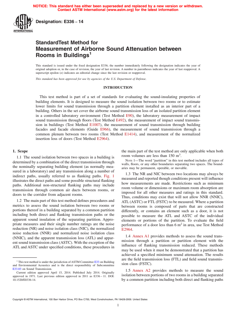 ASTM E336-14 - Standard Test Method for  Measurement of Airborne Sound Attenuation between Rooms in  Buildings