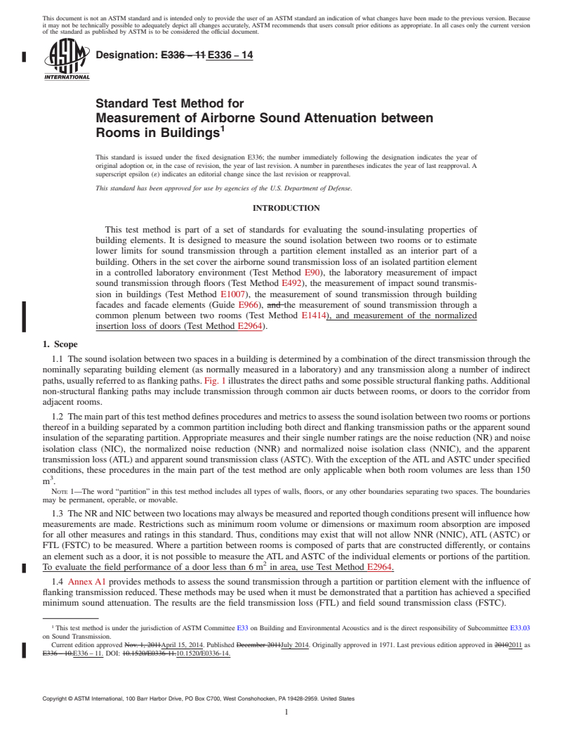 REDLINE ASTM E336-14 - Standard Test Method for  Measurement of Airborne Sound Attenuation between Rooms in  Buildings